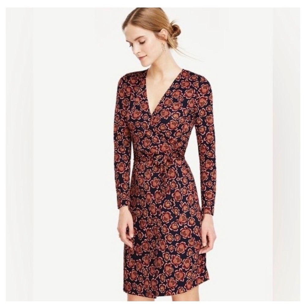 Ann‎ Taylor Petite Navy Rust Floral Long Sleeve Jersey Wrap Dress 2P 429091